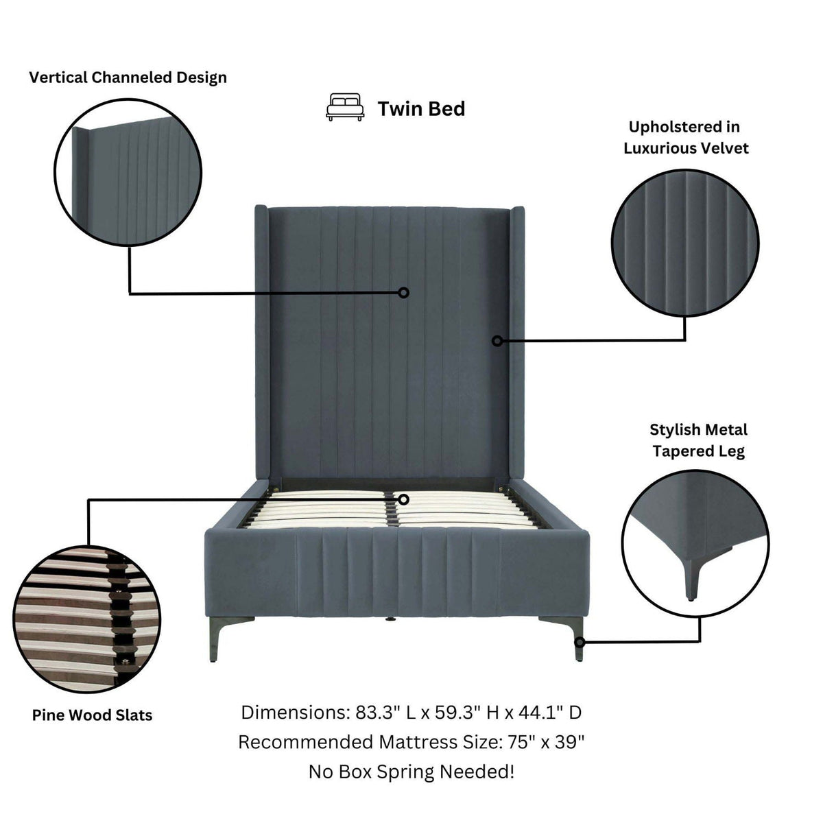 Promenade twin upholstered bed with vertical channel velvet headboard pine slats HouseOfZazla on Tampa Home & Garden Store