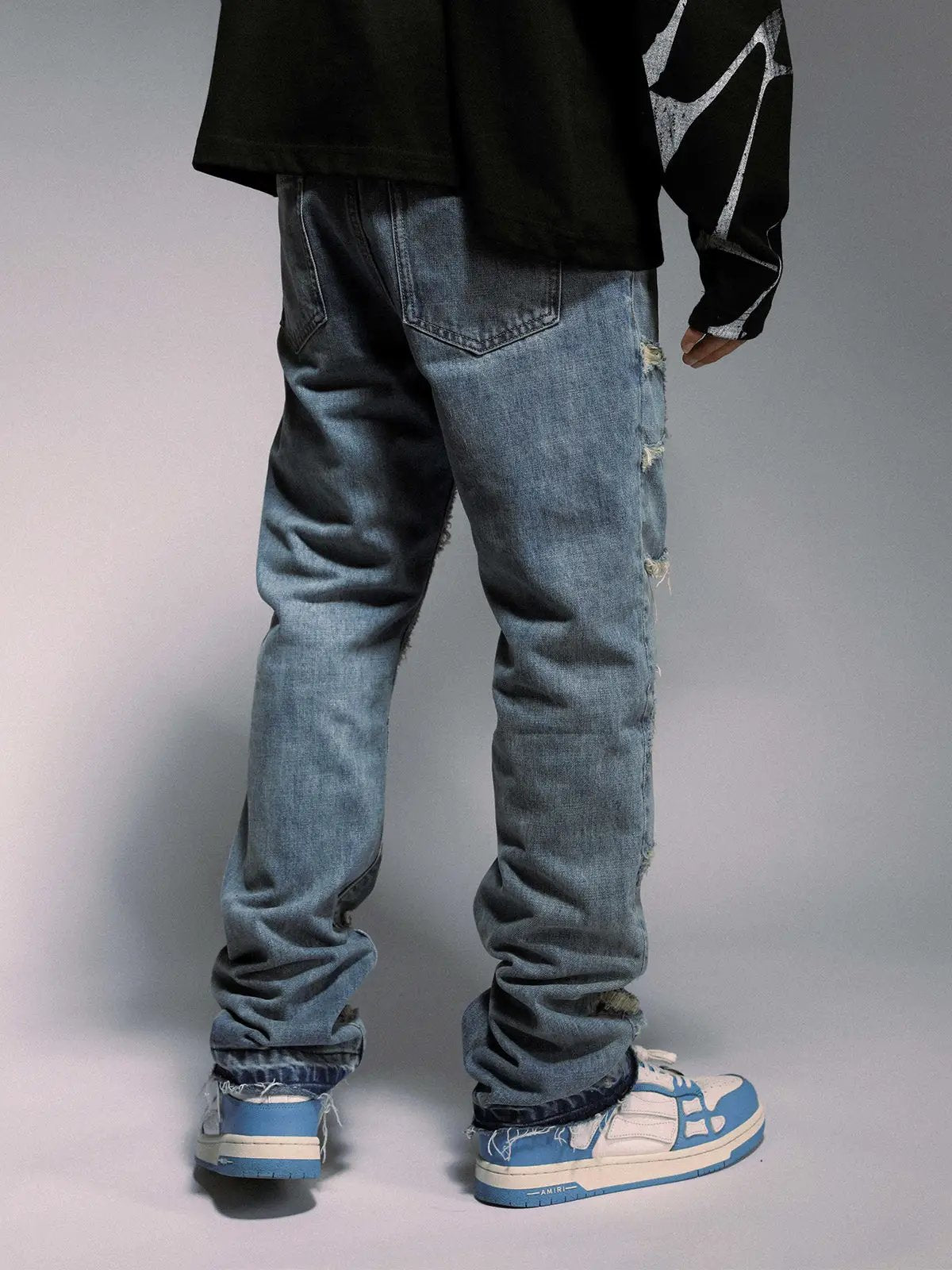 Blue High Street Wash destroyed spider web straight-leg jeans with back pockets denim 1 pair on Tampa Home & Garden Store