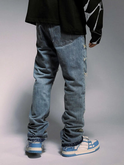 Blue High Street Wash destroyed spider web straight-leg jeans with back pockets denim 1 pair on Tampa Home & Garden Store
