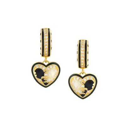 Renaissance Heart Earrings, gold-tone with black enamel and crystals, Lauren G Adams pair on Tampa Home & Garden Store
