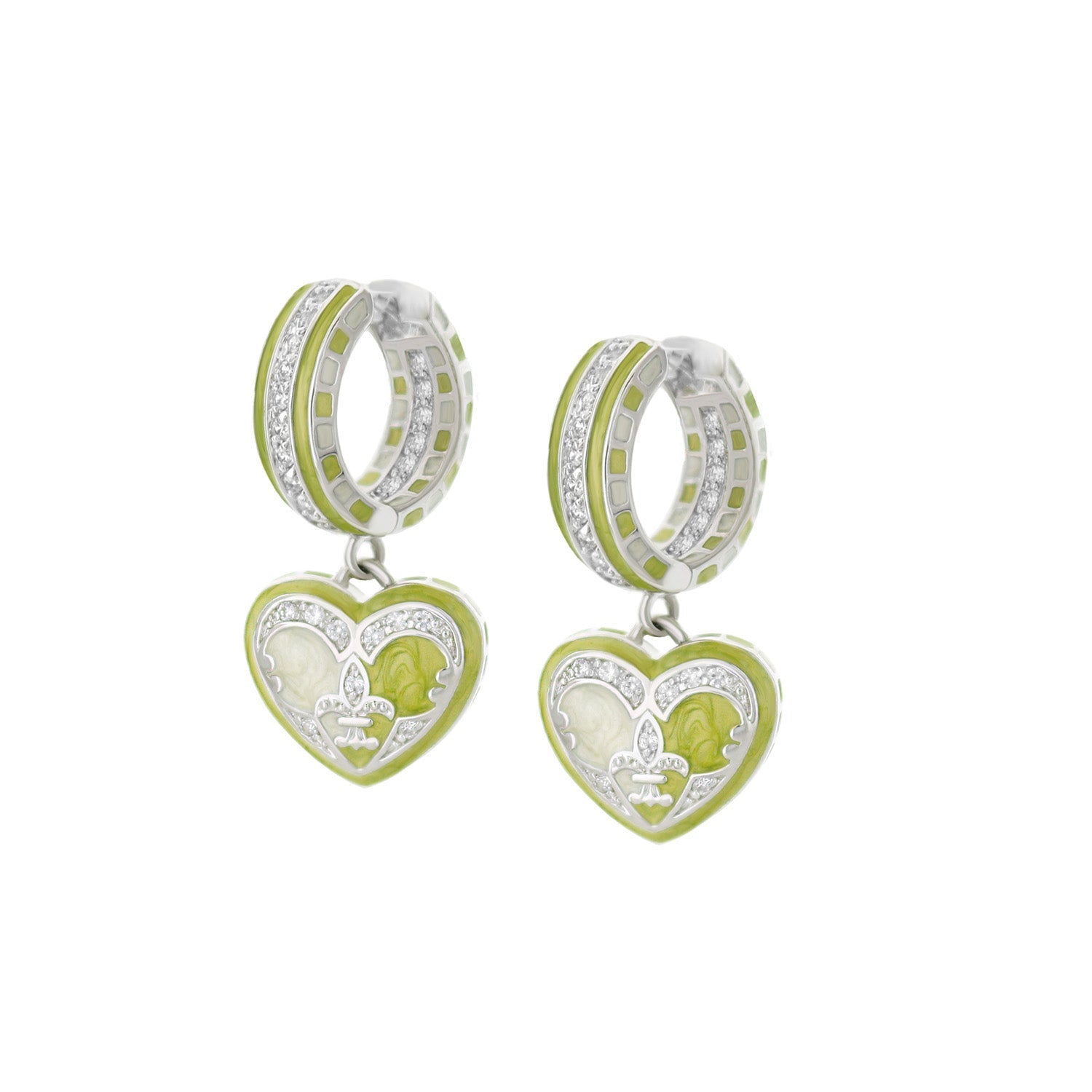 Renaissance Heart Earrings, Lauren G Adams: lime enamel hearts with diamonds, hoop tops on Tampa Home & Garden Store