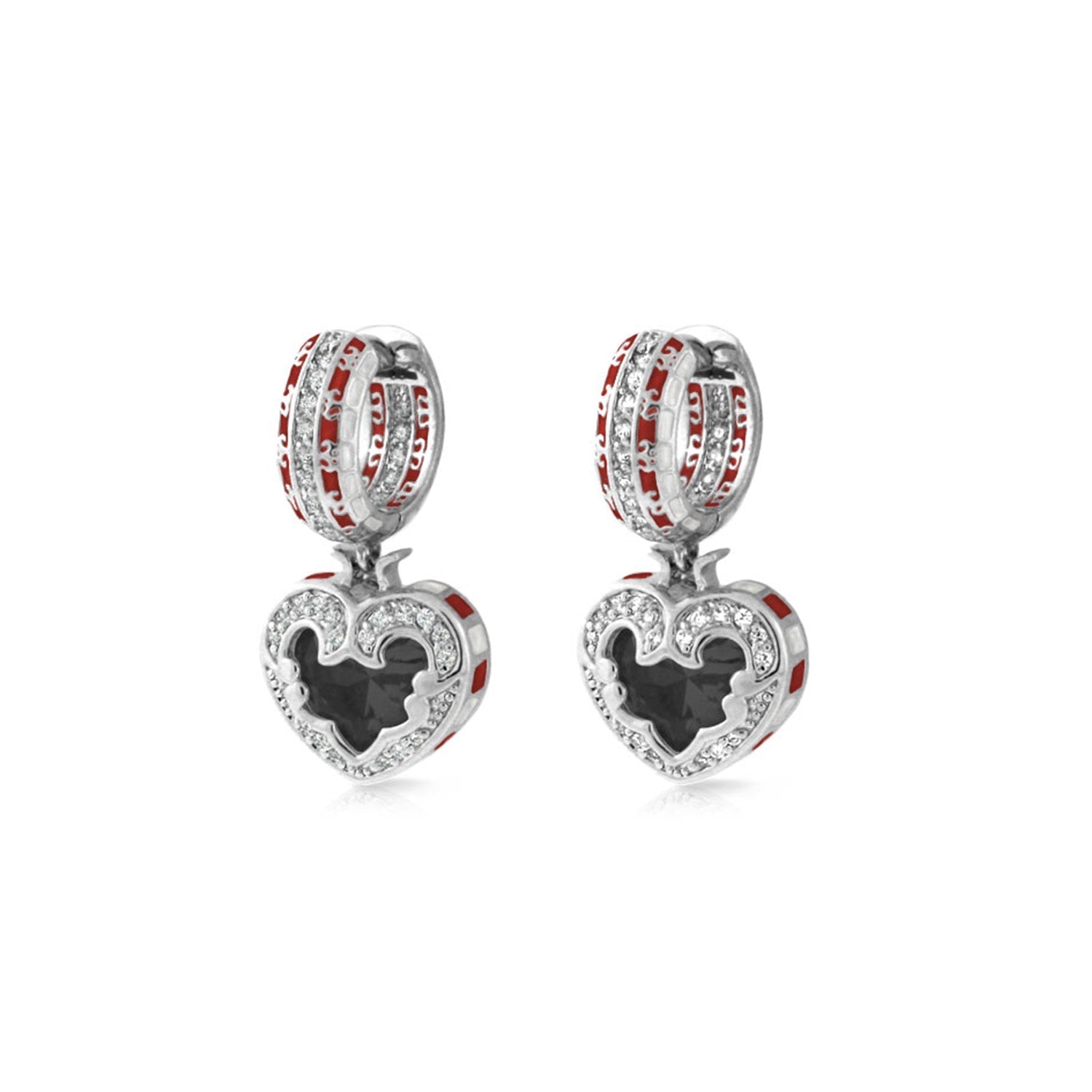 Renaissance Heart Earrings by Lauren G Adams, silver hoops with red enamel and crystal heart pendants on Tampa Home & Garden Store