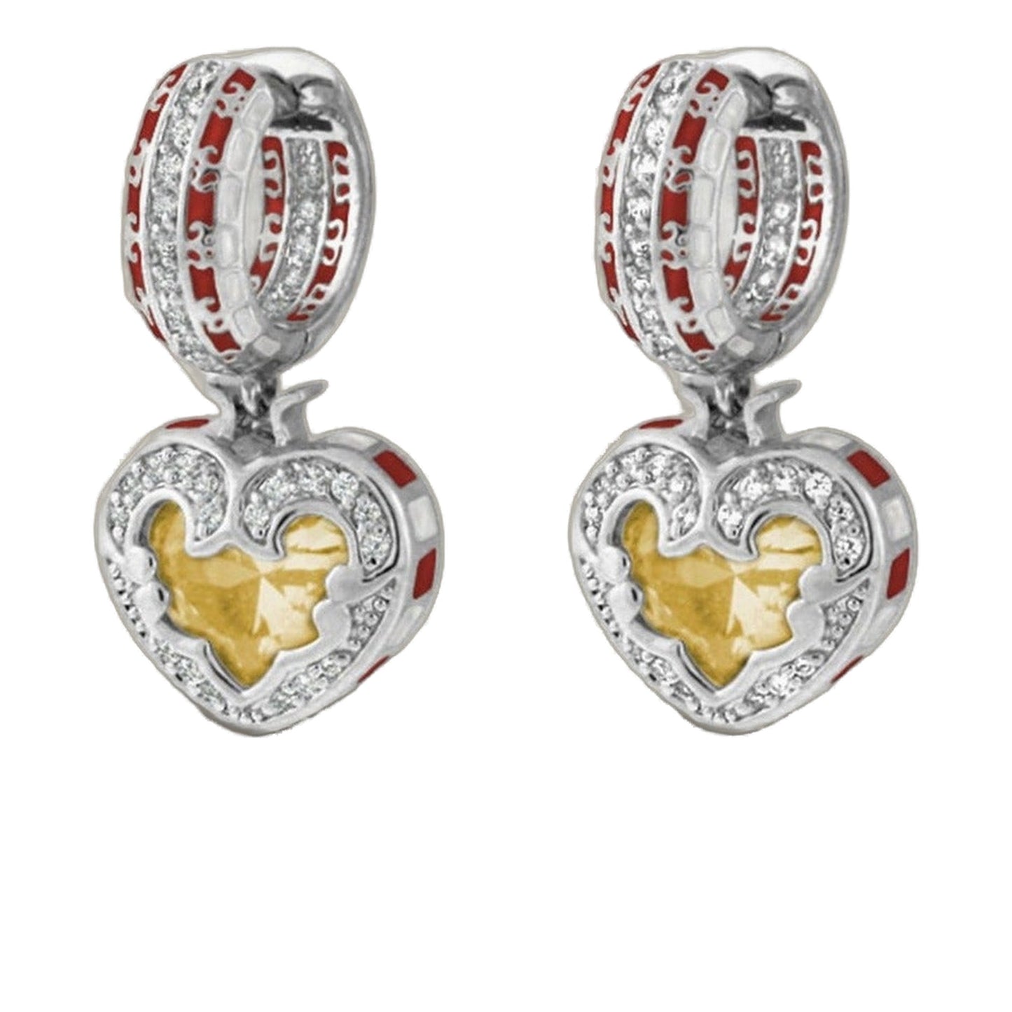 Renaissance Heart Earrings pair, silver hoops with red enamel and diamonds, yellow heart on Tampa Home & Garden Store