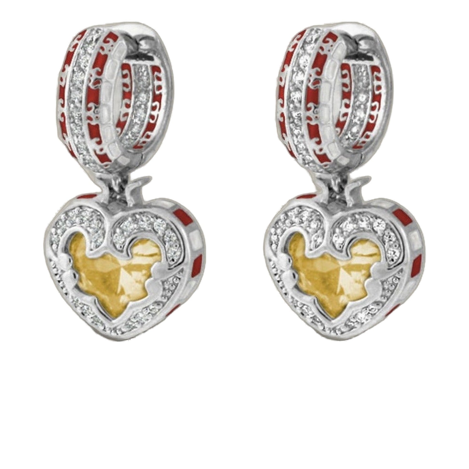 Renaissance Heart Earrings pair, silver hoops with red enamel and diamonds, yellow heart on Tampa Home & Garden Store