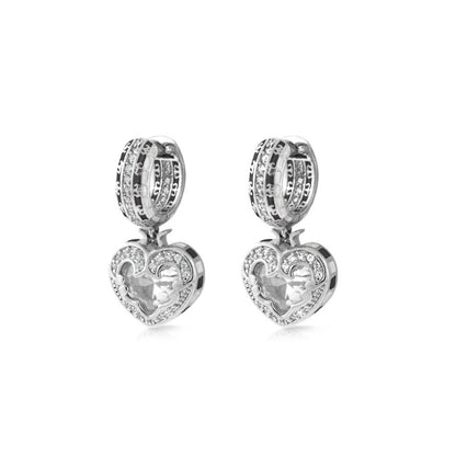 Renaissance Heart Earrings by Lauren G Adams, silver-tone hoops with crystal heart pendants on Tampa Home & Garden Store
