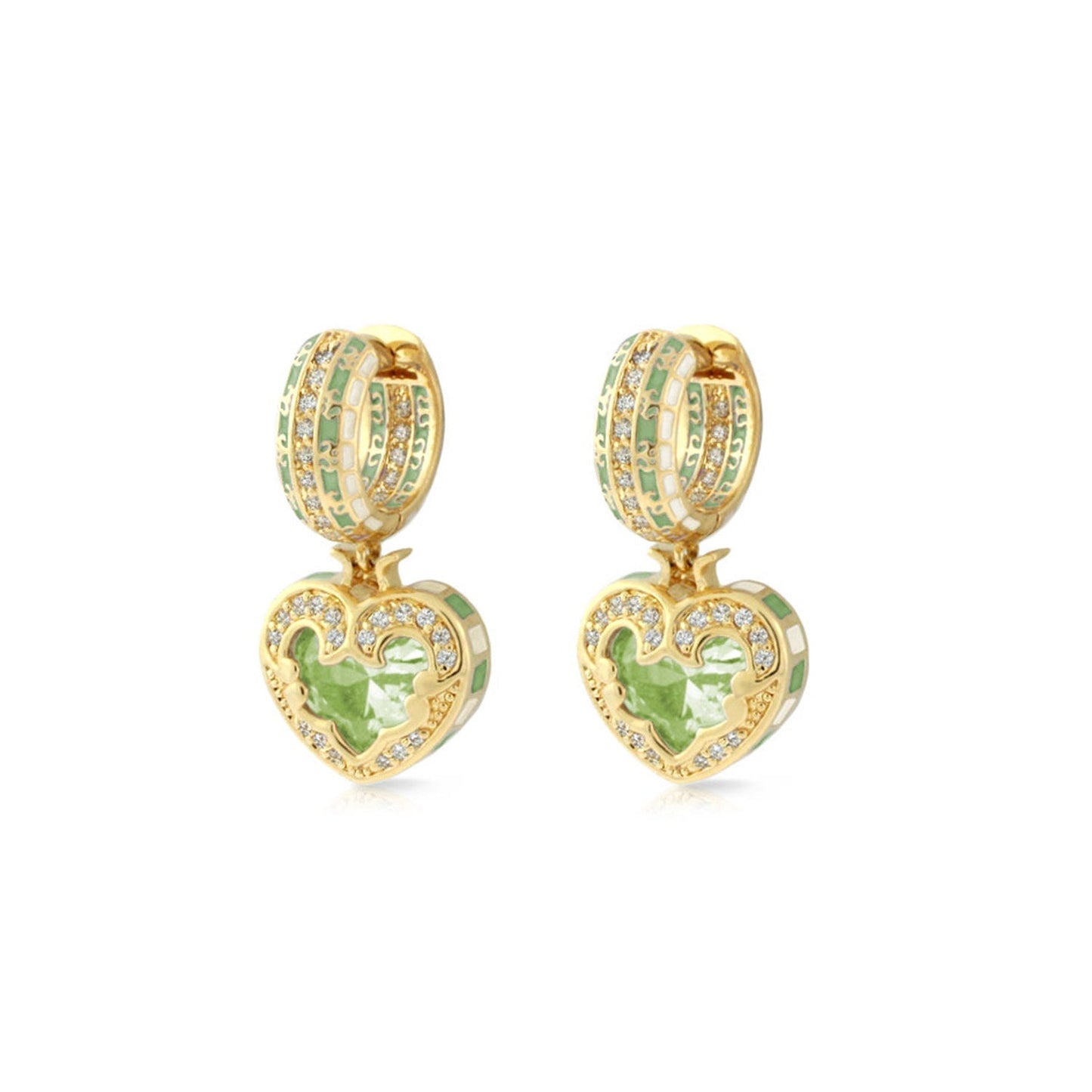 Renaissance Heart Earrings, gold-tone drop hoops with green enamel and crystal heart pendants on Tampa Home & Garden Store