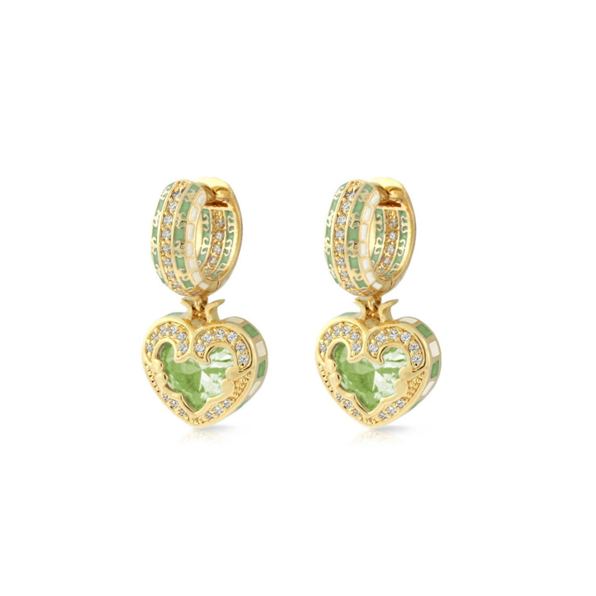 Renaissance Heart Earrings, gold-tone drop hoops with green enamel and crystal heart pendants on Tampa Home & Garden Store