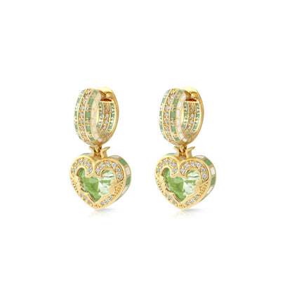 Renaissance Heart Earrings, gold-tone drop hoops with green enamel and crystal heart pendants on Tampa Home & Garden Store