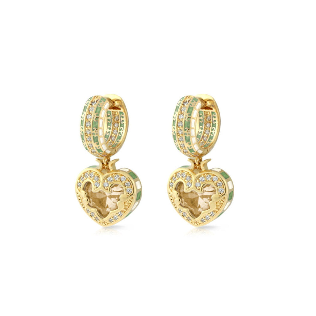 Renaissance Heart Earrings, Lauren G Adams collection; gold-tone hoops with green enamel accents on Tampa Home & Garden Store