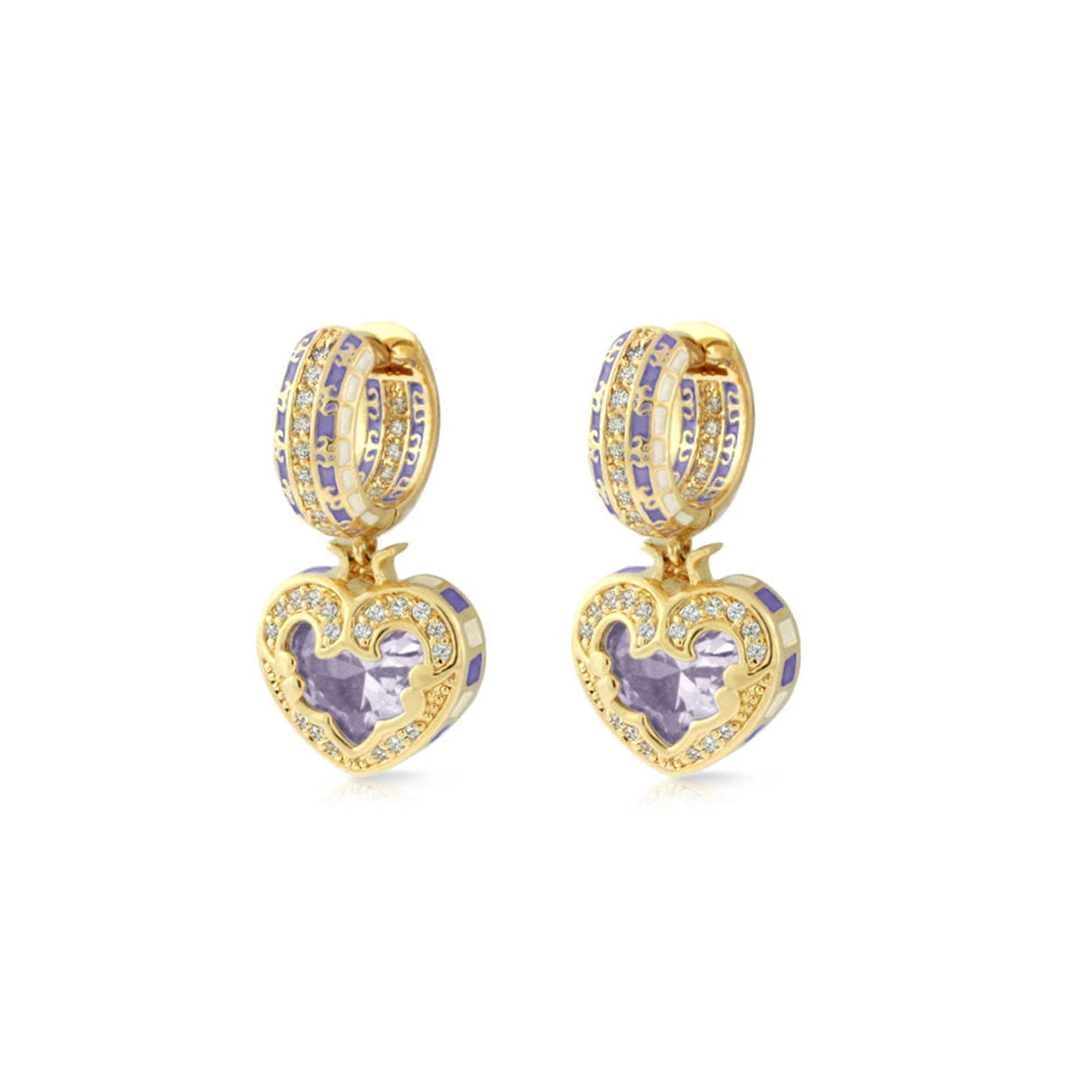 Renaissance Heart Earrings by Lauren G Adams, gold hoops with purple enamel and diamonds on Tampa Home & Garden Store