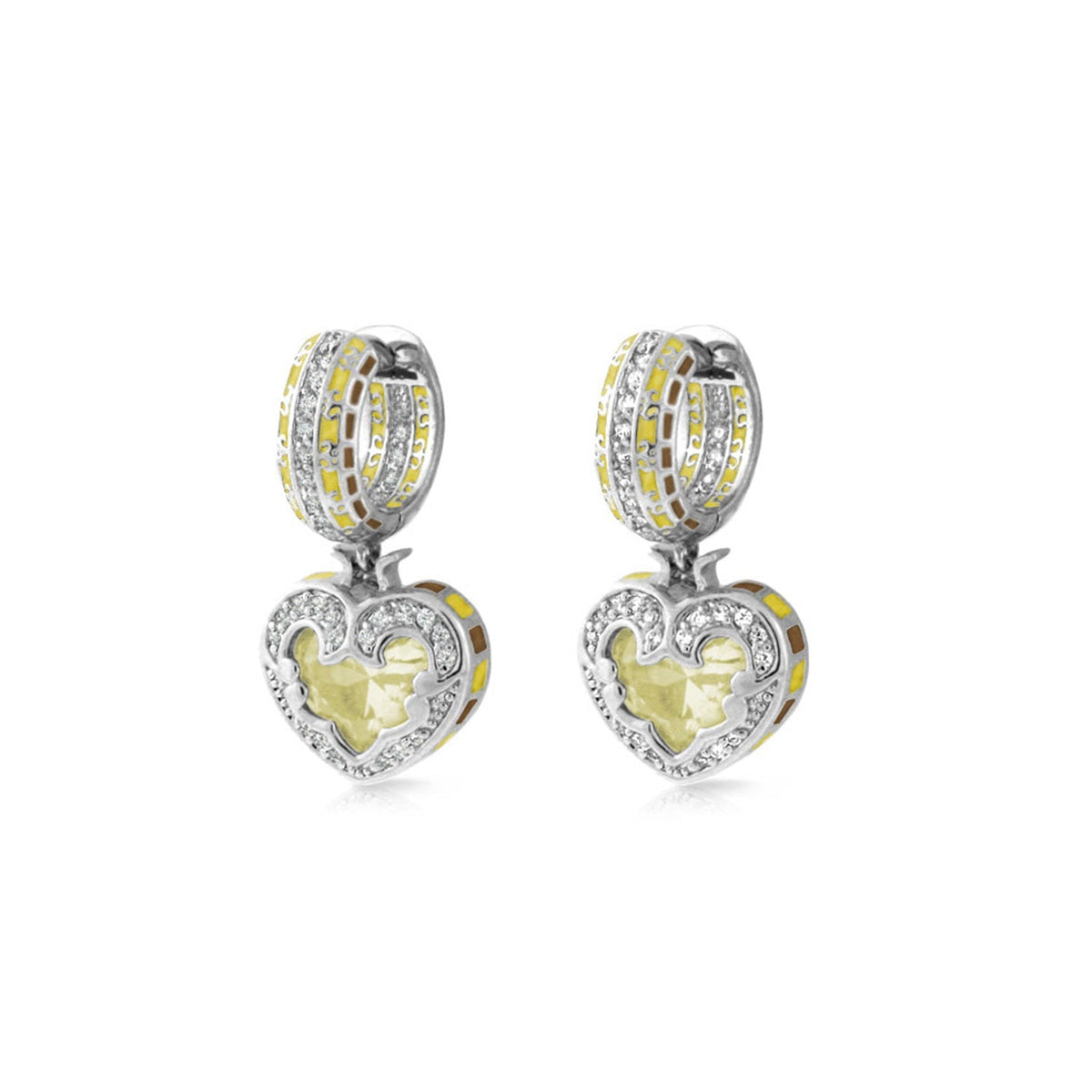 Renaissance Heart Earrings — two-tone silver hoops with yellow heart pendant and pavé diamonds, pair on Tampa Home & Garden Store