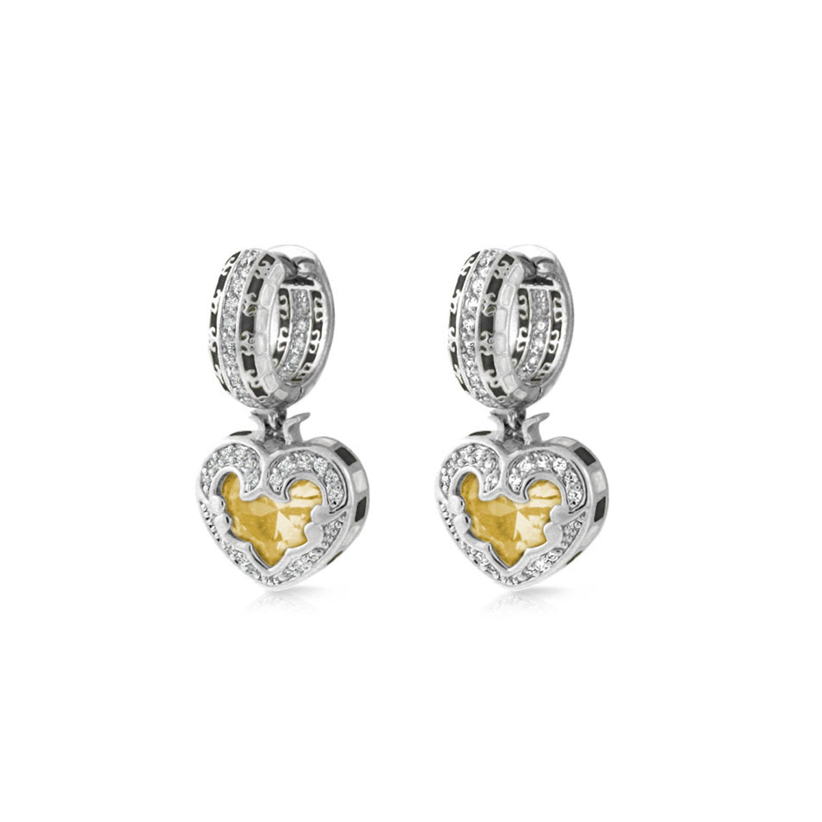 Renaissance Heart Earrings by Lauren G Adams, silver-tone pave diamonds, yellow heart pair on Tampa Home & Garden Store