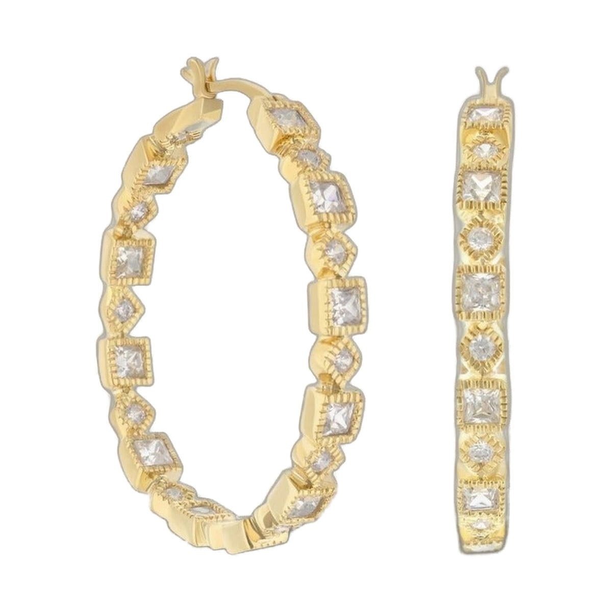 Pave Hoop Earrings gold-tone with clear square stones in rectangular settings on Tampa Home & Garden Store