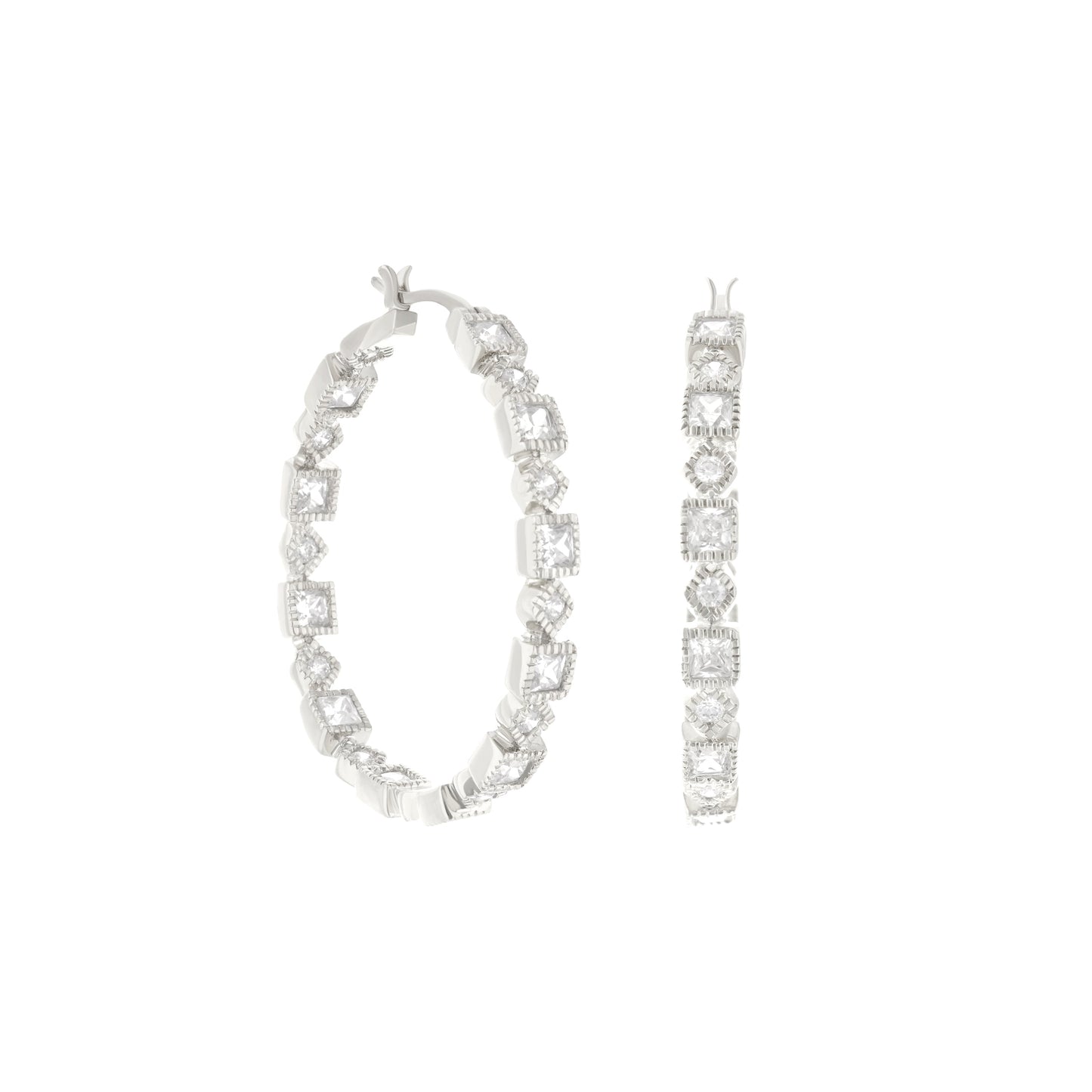 Set of three pave hoop earrings by Lauren G Adams, silver-tone hoops with square stones on Tampa Home & Garden Store