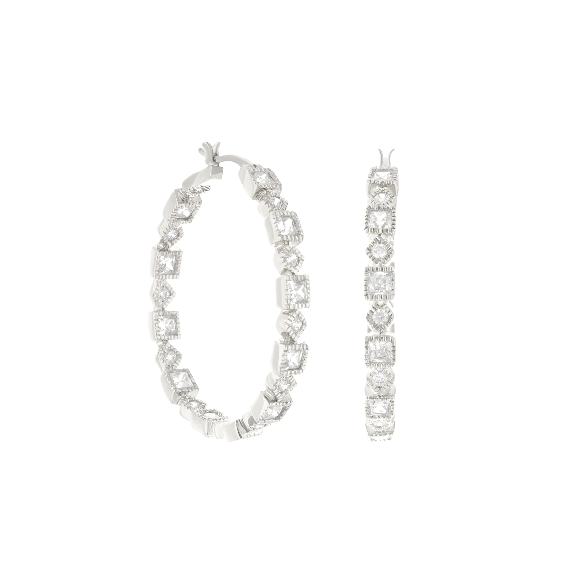 Set of three pave hoop earrings by Lauren G Adams, silver-tone hoops with square stones on Tampa Home & Garden Store