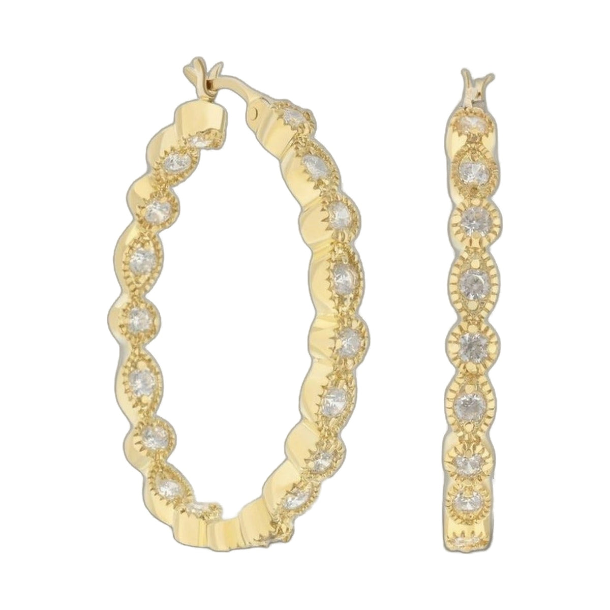 Three gold-tone pave hoop earrings with crystal pave stones along a segmented curved edge on Tampa Home & Garden Store