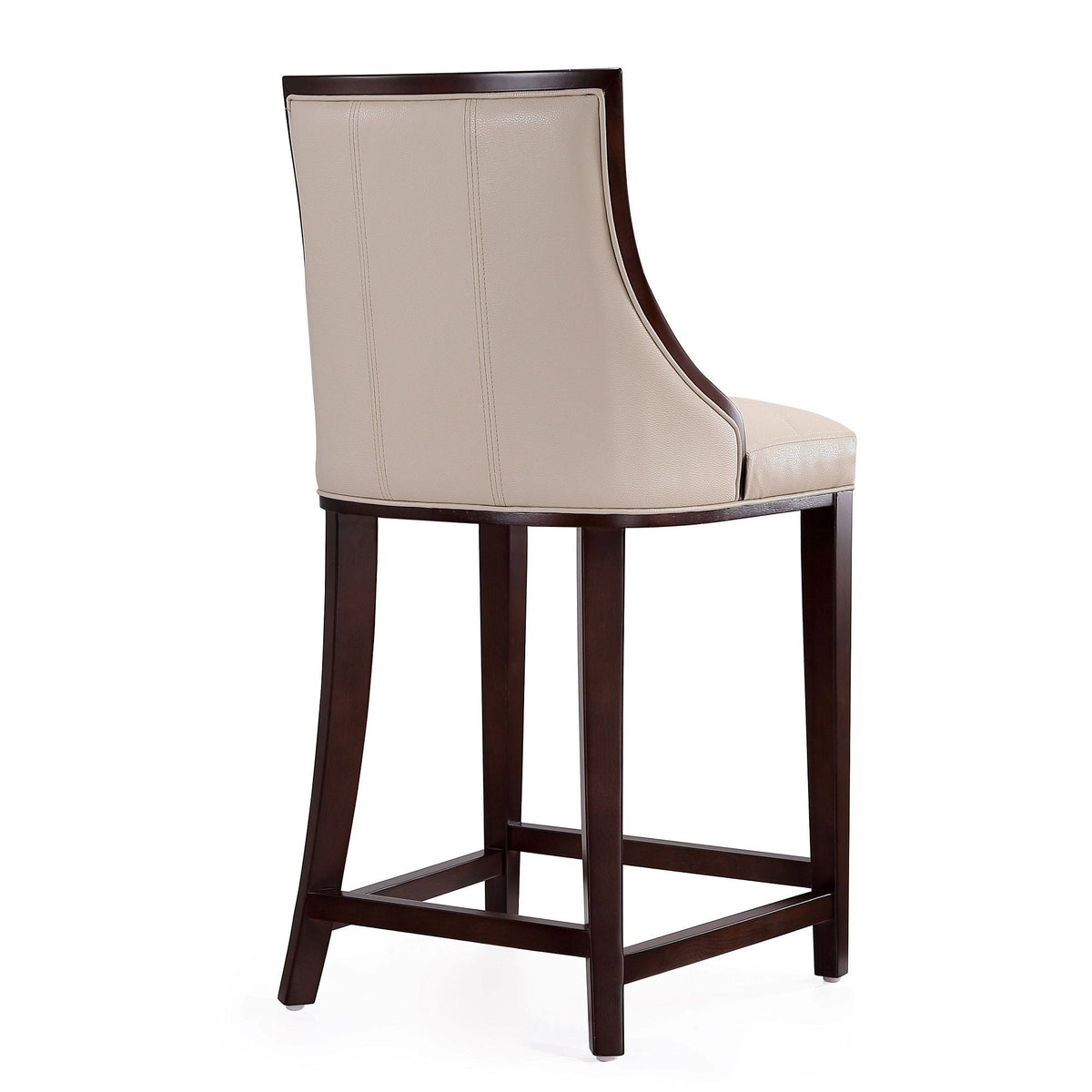 White bar-height stool with solid wood frame, beige upholstered back and seat, dark brown legs on Tampa Home & Garden Store