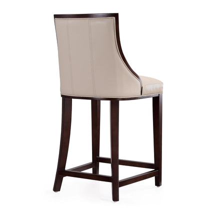 White bar-height stool with solid wood frame, beige upholstered back and seat, dark brown legs on Tampa Home & Garden Store