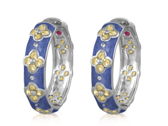 Sydney Clovers hoop earrings pair with blue enamel and gold floral accents on silver hoops LGA on Tampa Home & Garden Store