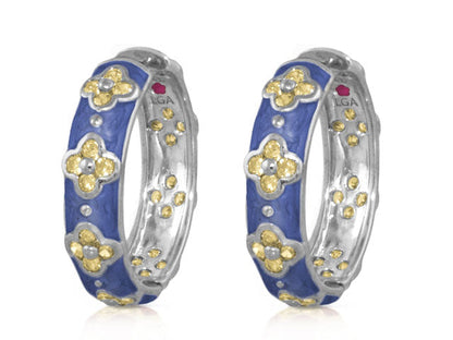 Sydney Clovers hoop earrings pair with blue enamel and gold floral accents on silver hoops LGA on Tampa Home & Garden Store