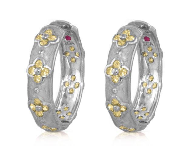 Sydney Clovers Earrings, silver hoop pair with gold-tone clover flowers by Lauren G Adams on Tampa Home & Garden Store