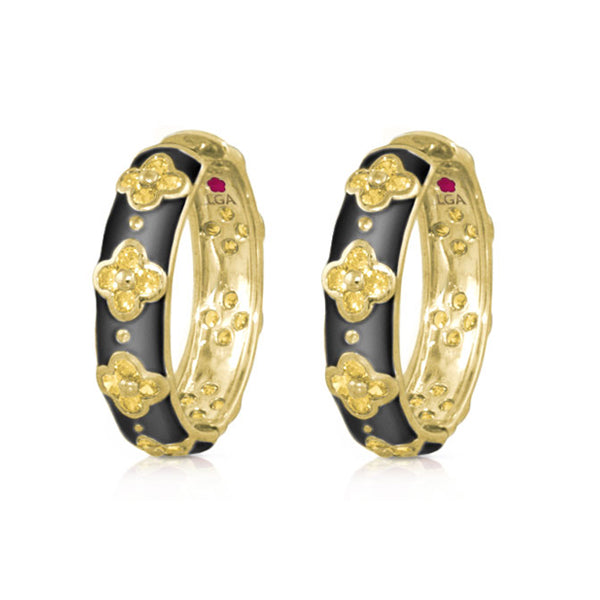 Sydney Clovers Hoop Earrings, Lauren G Adams, gold hoops with black enamel clovers, pair on Tampa Home & Garden Store