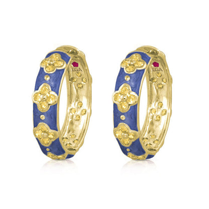 Sydney Clovers Hoop Earrings by Lauren G Adams, blue enamel hoops with gold clover accents on Tampa Home & Garden Store
