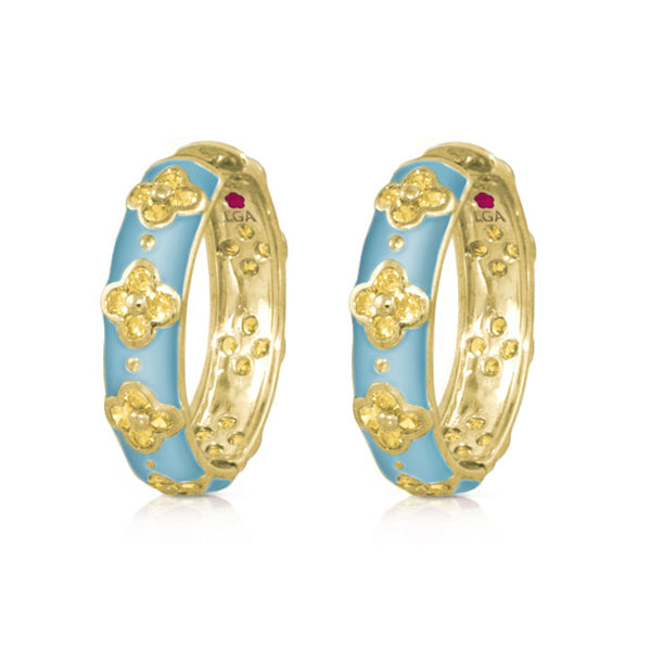 Sydney Clovers Hoop Earrings in turquoise enamel with gold-tone clovers, LGA, pair on Tampa Home & Garden Store