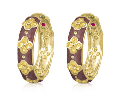 Sydney Clovers earrings by Lauren G Adams, gold hoop with purple enamel clover motifs, pair on Tampa Home & Garden Store