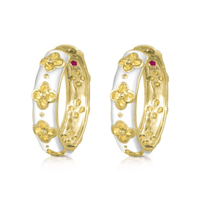 Sydney Clovers Hoop Earrings by Lauren G Adams in gold with white enamel clover motifs pair on Tampa Home & Garden Store