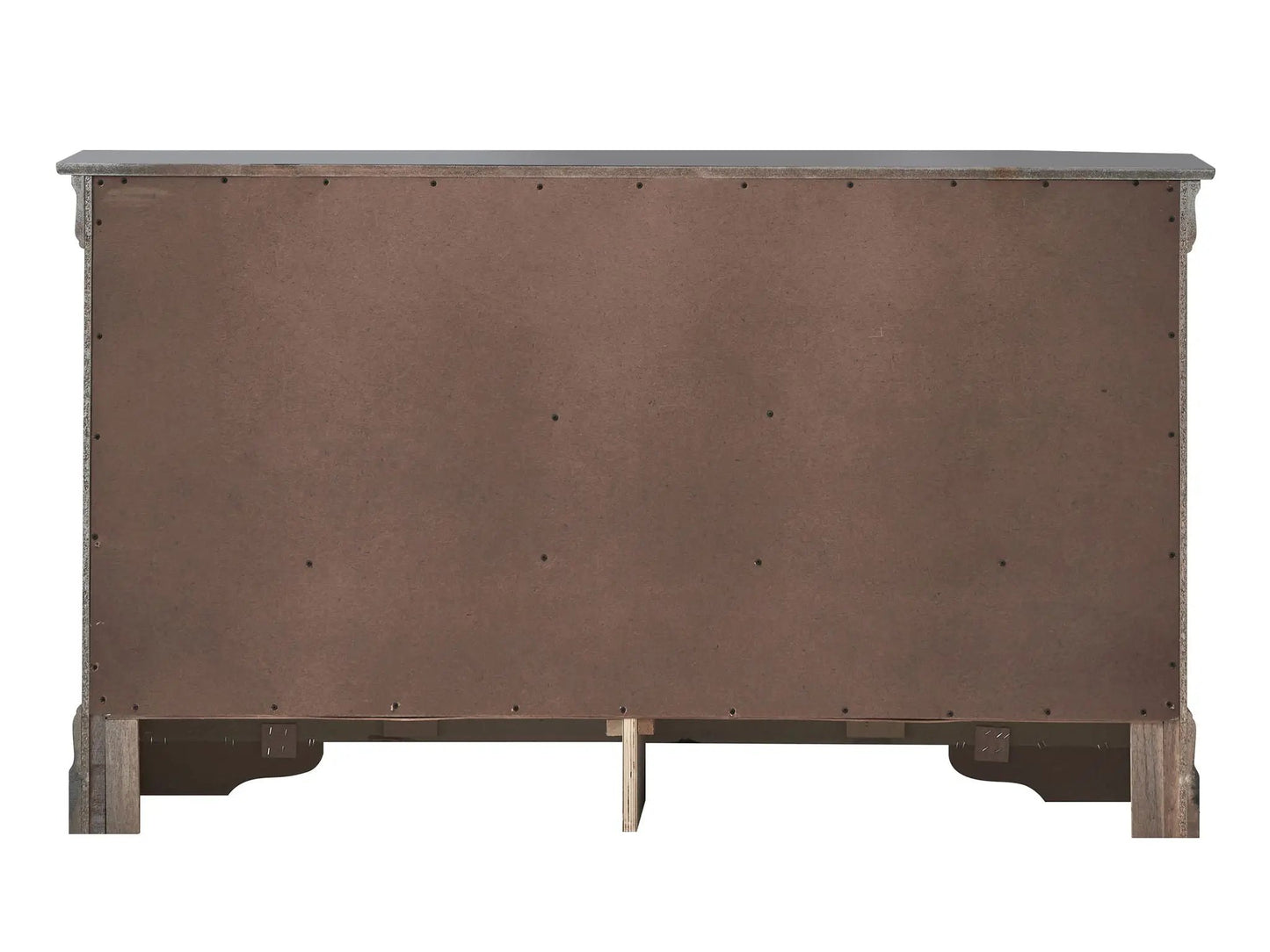 Verona dresser back view in brown MDF panel with exposed screws and rustic legs on Tampa Home & Garden Store