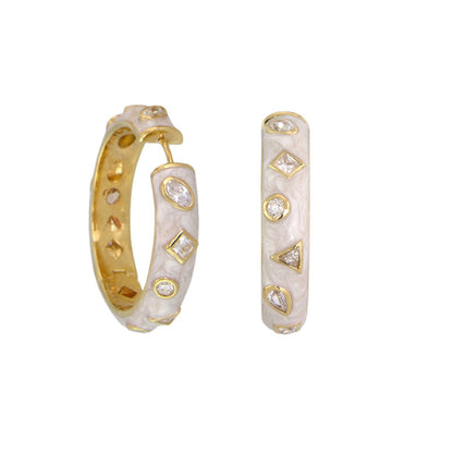 Geometric Design Earrings Lauren G Adams, white enamel with gold-tone settings hoop bar pair on Tampa Home & Garden Store