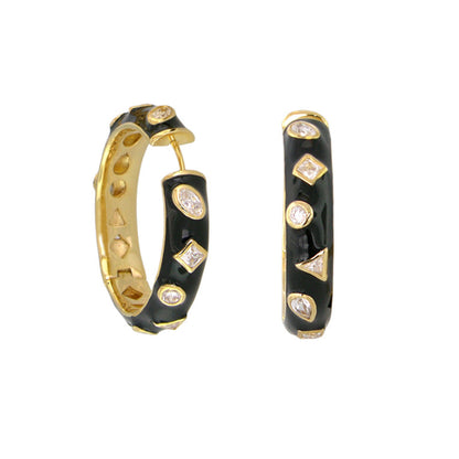 Geometric Design Earrings Lauren G Adams, black enamel hoops with gold-tone edges gem inlays on Tampa Home & Garden Store