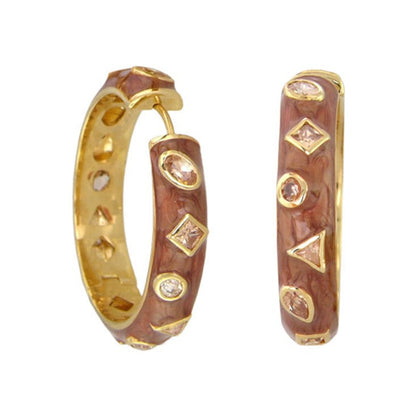 Geometric Design Earrings by Lauren G Adams, gold-tone hoops with brown marbled inlays on Tampa Home & Garden Store