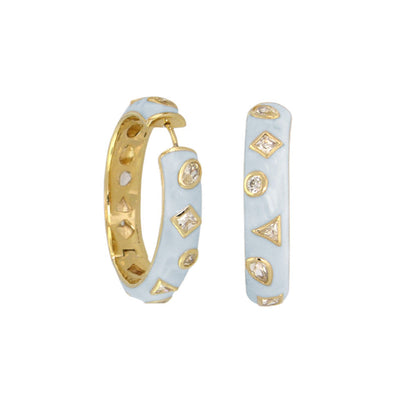 Geometric Design Earrings by Lauren G Adams, light blue enamel hoops with crystals on Tampa Home & Garden Store