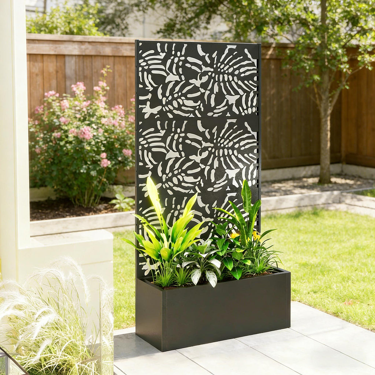Trellis planter in black metal with spacious box and efficient drainage on Tampa Home & Garden Store