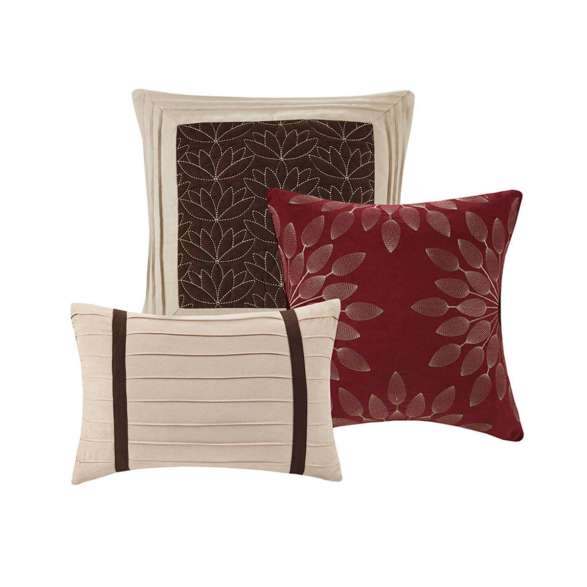 7 pc faux suede comforter set cal king with three pillows in red beige brown leaf patterns on Tampa Home & Garden Store