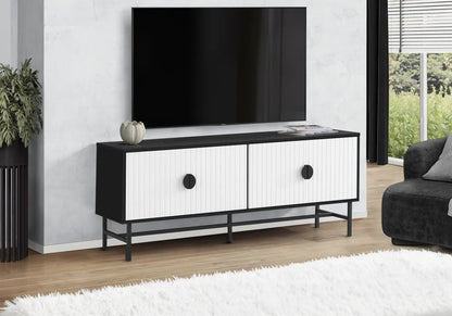 TV stand with black frame and white ribbed doors, 2-door storage by Unique Piece Furniture on Tampa Home & Garden Store
