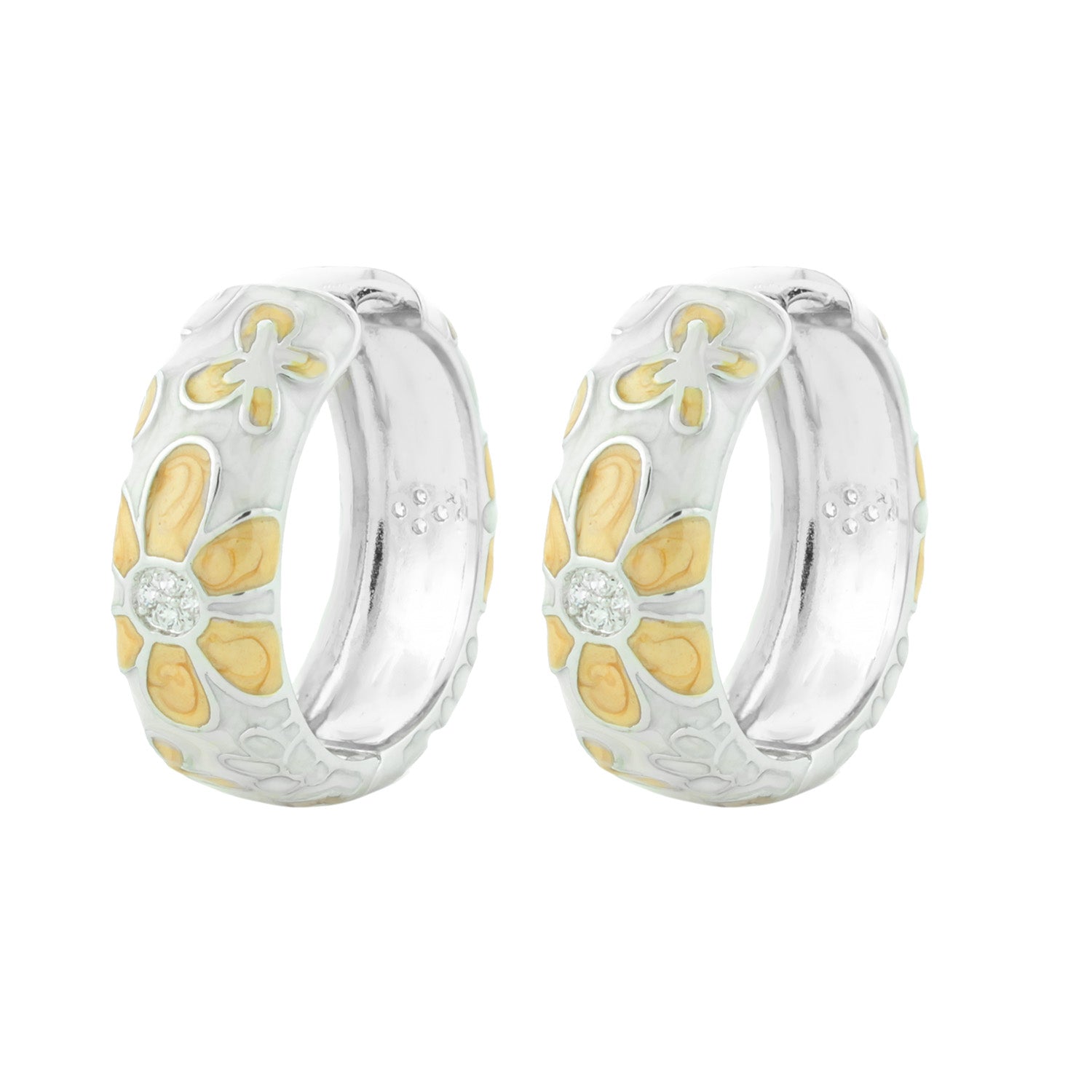 Butterfly hoop earrings in silver-tone with white enamel flower motifs and yellow petals, crystal centers on Tampa Home & Garden Store