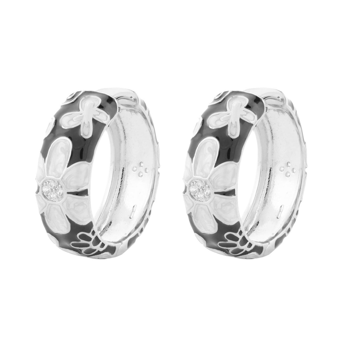 Butterfly hoop earrings pair in silver-tone with enamel floral motif and crystals on Tampa Home & Garden Store