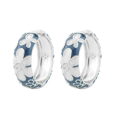 Butterfly hoop earrings by Lauren G Adams in blue enamel with white floral pattern, pair on Tampa Home & Garden Store
