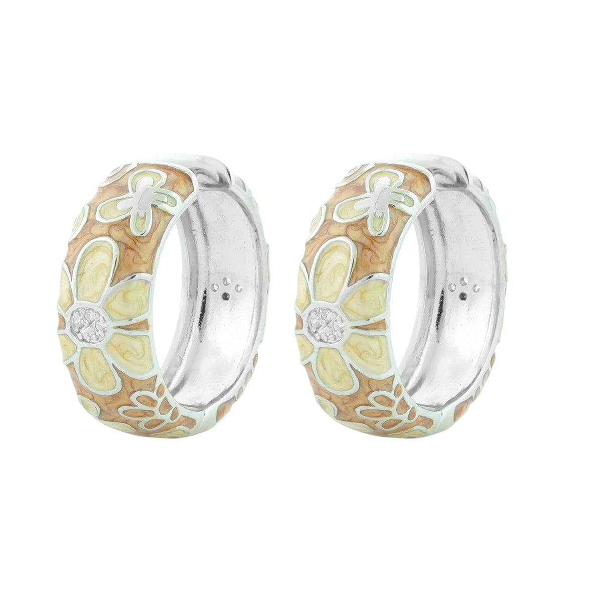 Butterfly Hoop Earrings by Lauren G Adams, silver-tone hoops with tan enamel floral motif, pair on Tampa Home & Garden Store