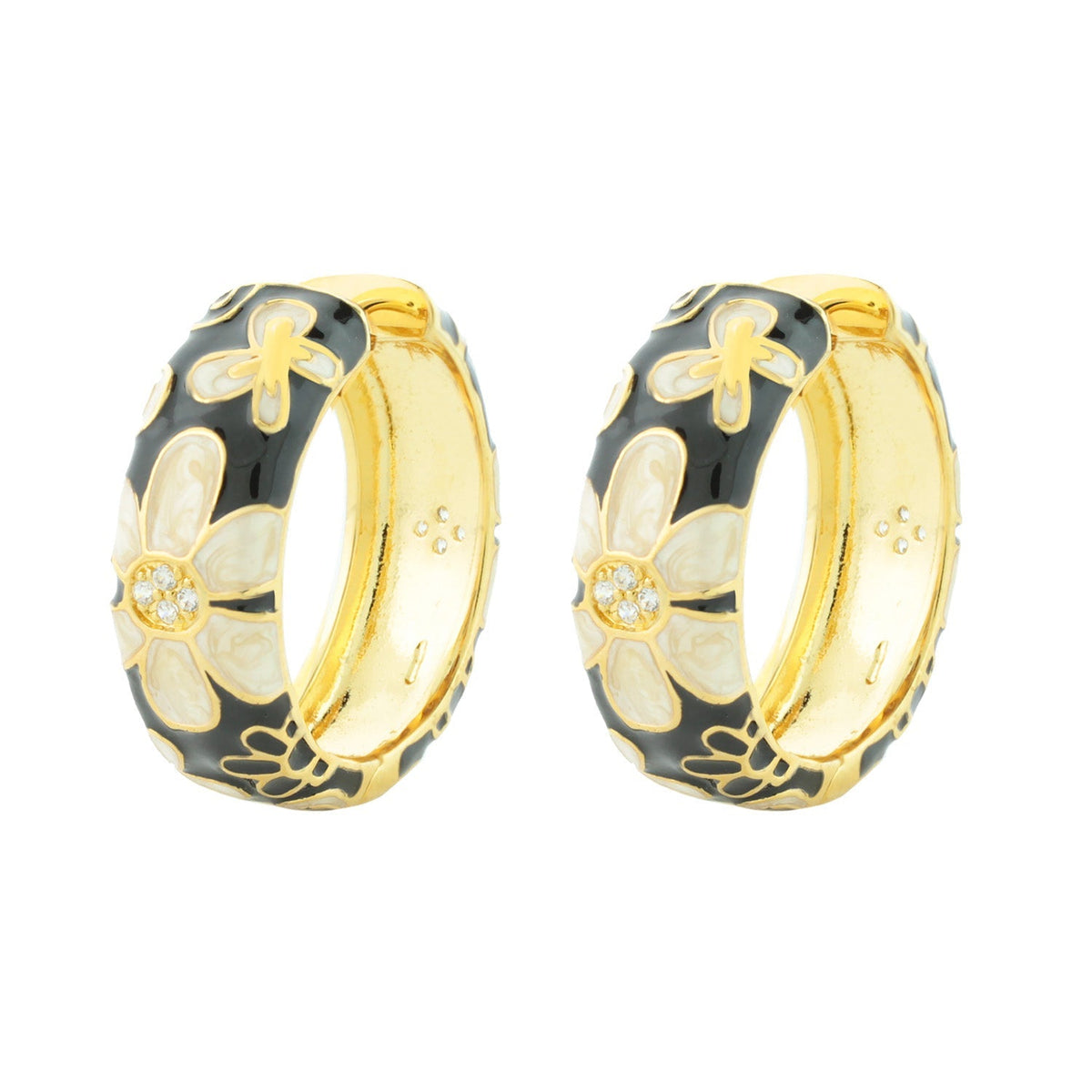 Butterfly hoop earrings pair, gold-tone hoops with black enamel floral pattern and inlays on Tampa Home & Garden Store