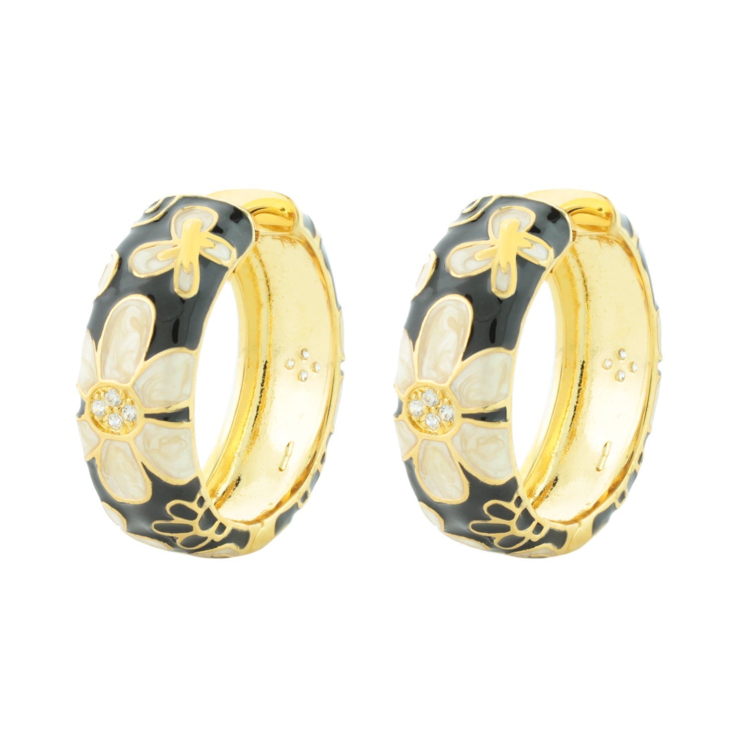 Butterfly hoop earrings pair, gold-tone hoops with black enamel floral pattern and inlays on Tampa Home & Garden Store