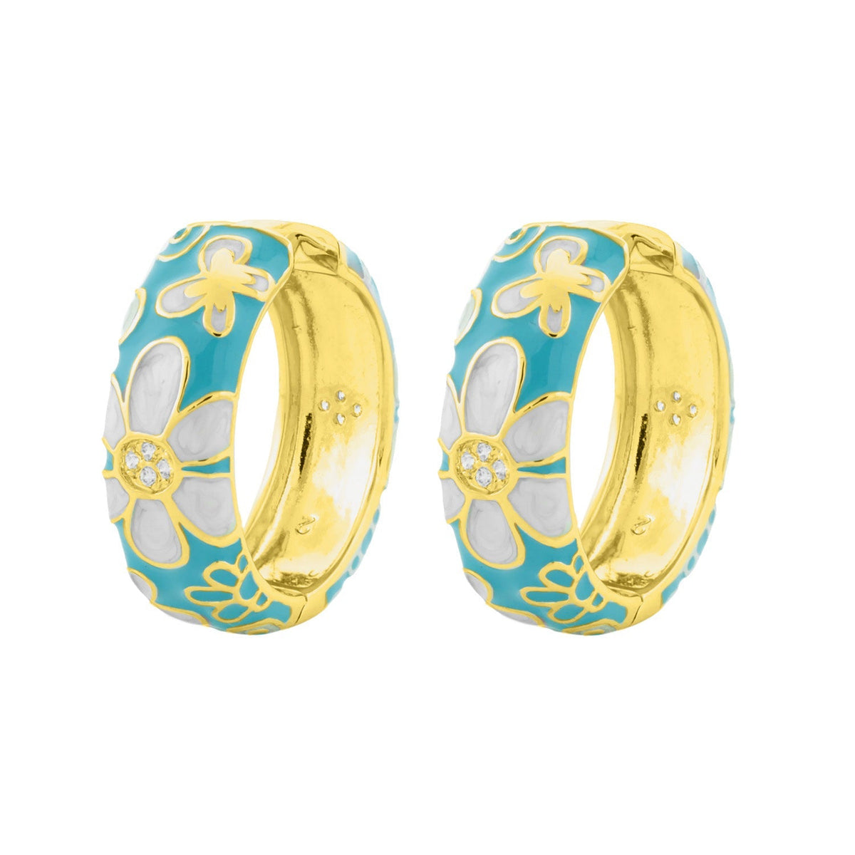 Butterfly Hoop Earrings by Lauren G Adams, turquoise enamel with floral petals on gold hoops on Tampa Home & Garden Store