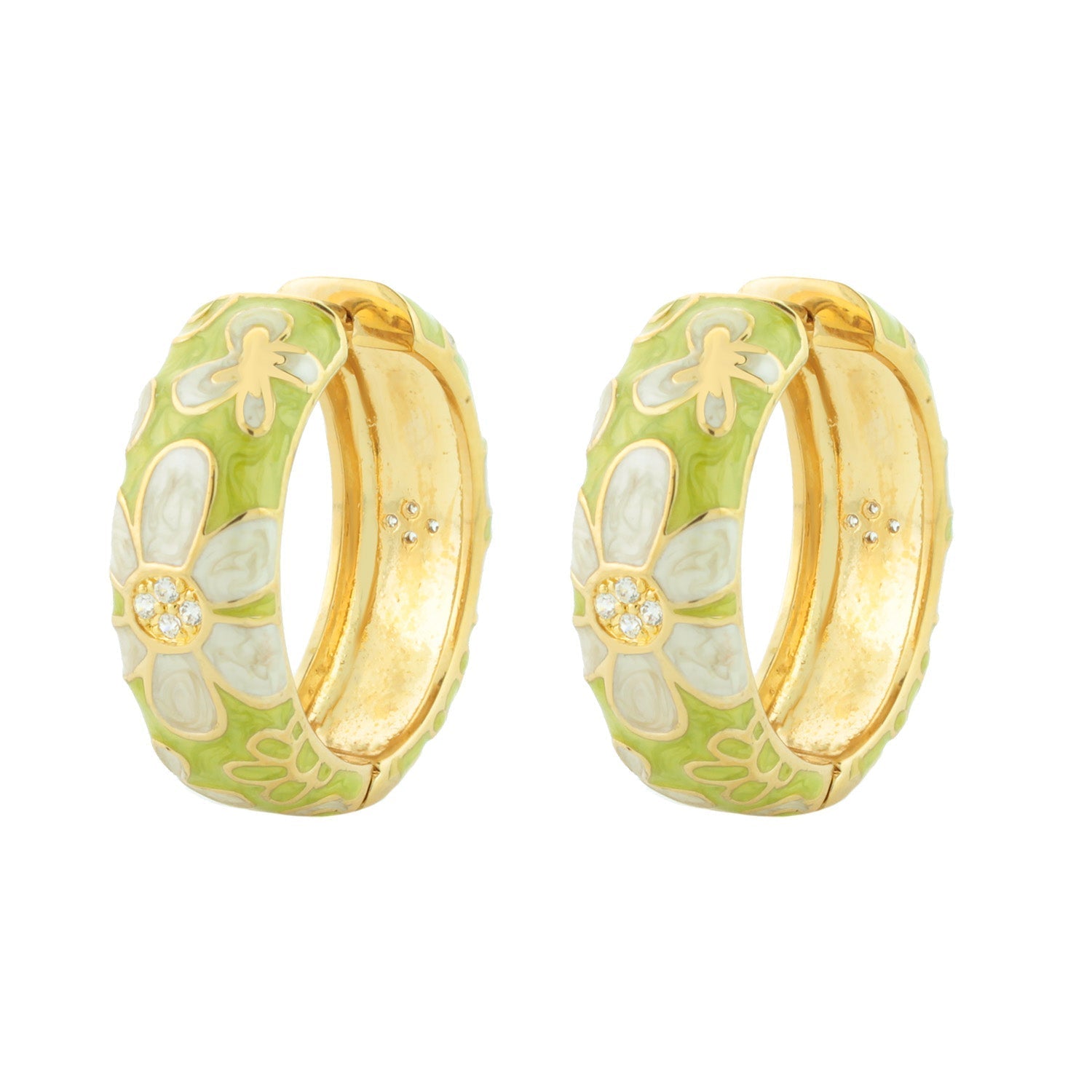 Butterfly hoop earrings, gold-tone with green enamel floral pattern and white petals, set of 2 on Tampa Home & Garden Store