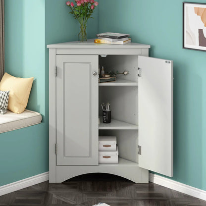 Triangle bathroom storage cabinet with adjustable shelves, gray linen cabinet topped pink roses on Tampa Home & Garden Store