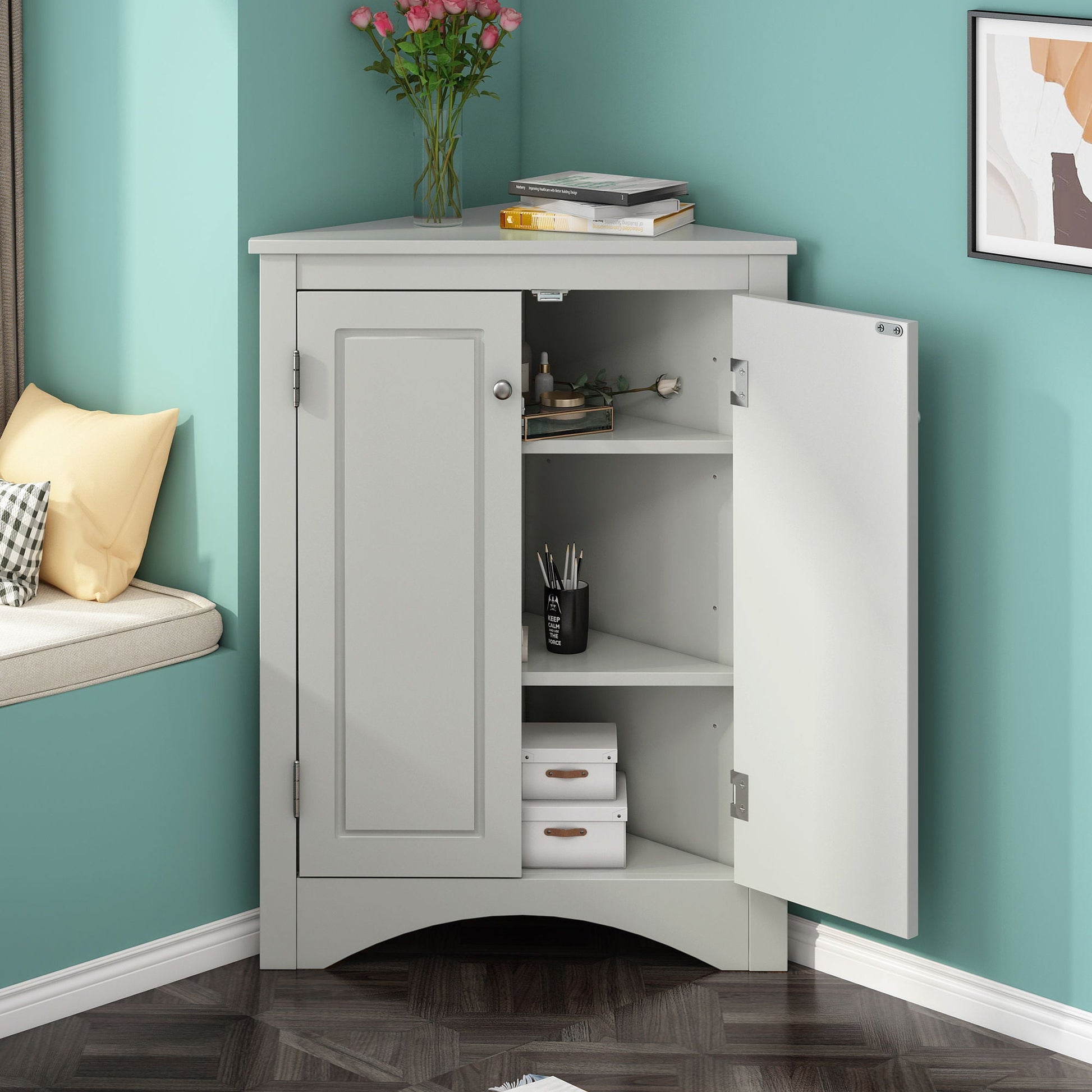 Triangle bathroom cabinet in light gray with adjustable shelves, HouseOfZazla on Tampa Home & Garden Store