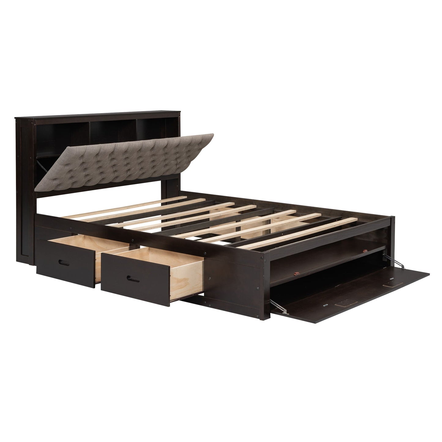 Platform storage bed with headboard, 4 drawers and shoe rack in dark wood on Tampa Home & Garden Store