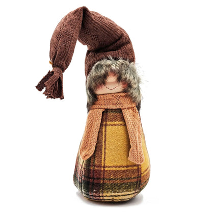 Gnome figurine with brown knitted hat, scarf and plaid clothing detail on Tampa Home & Garden Store